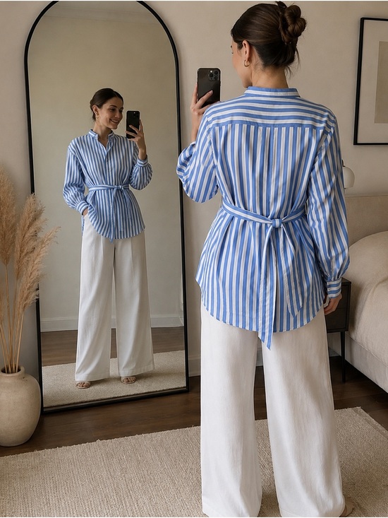 Club Monaco Tops - Club Monaco Light Blue and White Striped Shirt